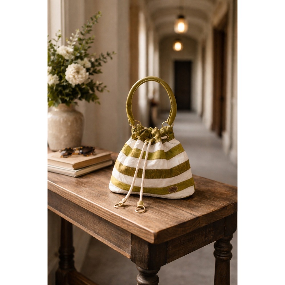 Y2K Olive Green Striped Slouchy Drawstring Hobo Bag | Boho Shoulder‎ Purse